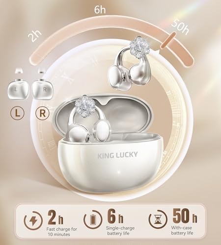 Chic Wireless Bluetooth 5.4 Earbuds with Fashionable Detachable Flower Earrings – Stylish Open Ear Headphones for Women, Waterproof IPX5 Rated, 50-Hour Playtime, Ideal for Festivals, Parties, and Unique Gift Giving (White)