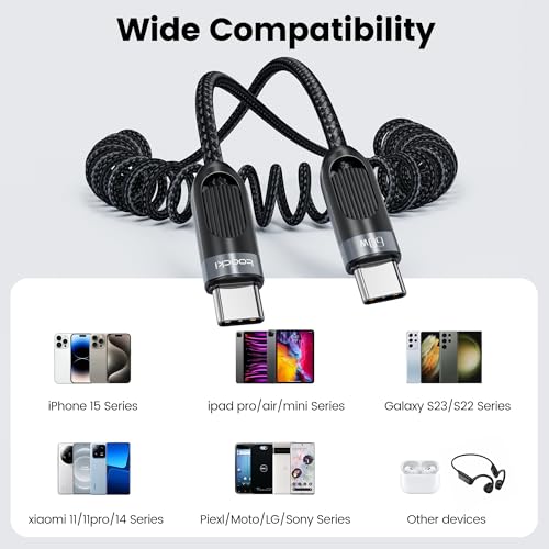 Coiled USB A to USB C 2Pack 3FT Braided Retractable Fast Charging Cable for Car, Compatible with iPhone 16/15 Pro Max/Galaxy S24/S23/S22, Supports Car Play & Android Auto-Black – Enhanced Compatibility and Speed