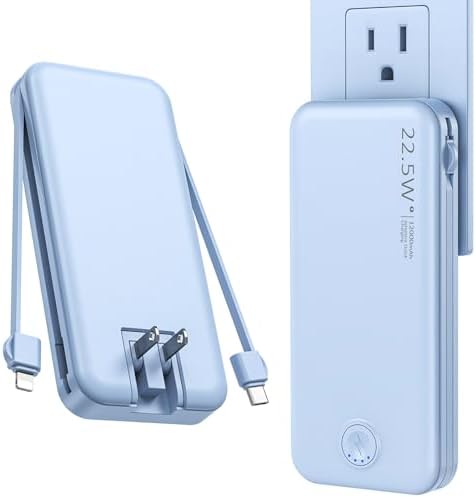 Ultra-Fast Charging Portable Power Bank with Built-In Cable and AC Plug – 12,000 m Ah USB C Travel Charger for i Phone and Android Devices – Lightweight, Compact Design for On-the-Go Power Solutions