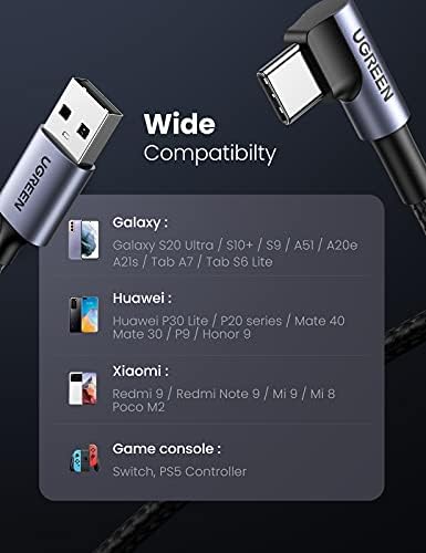 UGREEN 10 FT Right Angle USB C Cable – 90 Degree Type C Cord for i Phone 16/16 Plus/16 Pro/16 Pro Max, Galaxy S24/S23/S10/S10+, i Pad mini 6/Air 5, Pixel 8/7 – Fast Charging & Data Transfer with Durable Braided Nylon Design for Ultimate Convenience