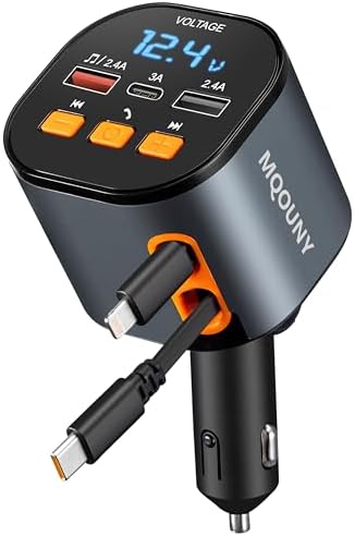 Ultimate 5-in-1 Fast Car Charger with Bluetooth 5.3 FM Transmitter – 90 W Retractable Charging Hub for i Phone 15/14/13 – Hands-Free Calling and Dual USB Ports for Seamless Connectivity and Quick Charging – Compact Black Design for Enhanced In-Car Experience