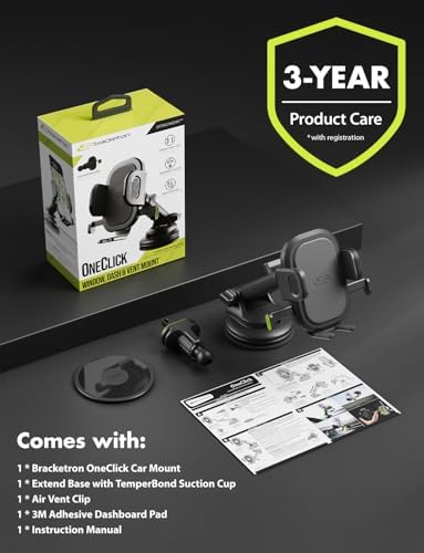 Universal Dashboard Cell Phone Holder by Bracketron – 360° Rotatable Mount with Strong Suction Cup for Secure Smartphone Access in Any Vehicle – Compatible with i Phone, Samsung, Google, Huawei and More – Effortless One-Click Release for Enhanced Safety and Convenience