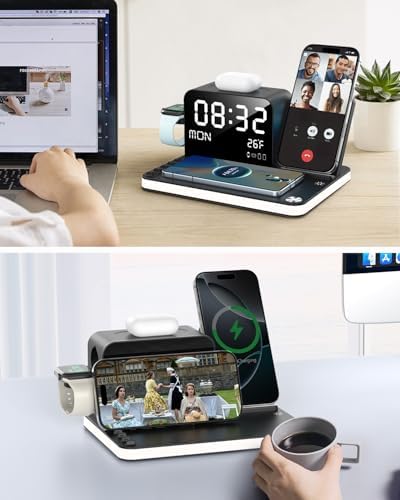 Dual 7-in-1 Wireless Charging Station for Apple Devices – Fast 33 W Dual i Phone Charger with Adjustable Touch Lighting, Bluetooth Time Sync, and Multifunctional Compatibility for i Phone 16/15/14/13/12, Apple Watch, and Air Pods – Enhanced Safety Features and User-Friendly Design
