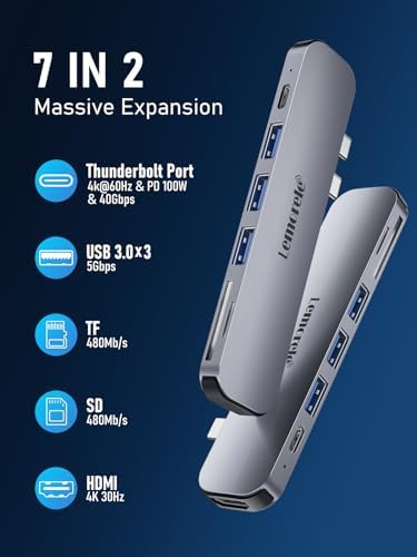 Lemorele USB C Hub for Mac Book Pro/Air (2018-2022) – 7-in-2 Multiport Adapter with 4 K HDMI, 3 USB 3.0 Ports, SD/TF Card Slots, and 100 W PD – Ultimate Thunderbolt 3/4 Connectivity Solution for Enhanced Productivity and Seamless Workflows
