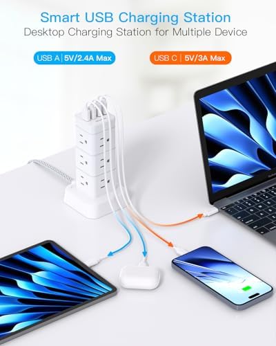 High-Performance Surge Protector Power Strip Tower with 12 Outlets and 4 USB Ports (2 USB-C) – Versatile Desktop Charging Station for Home Office and College Dorms, 6 Ft Flat Plug Extension Cord, Space-Saving Design for Enhanced Device Connectivity and Safety