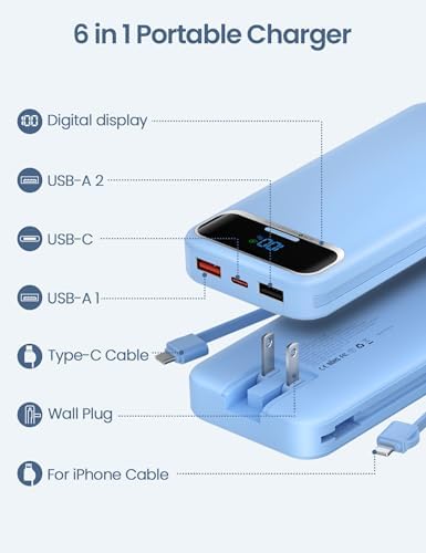 12000 m Ah Ultra-Light Portable Power Bank with Built-In Cables & AC Wall Plug – PD20 W USB-C Fast Charging for i Phone, Samsung & Android – LED Display for Battery Monitoring – Ultimate Travel Companion for Quick Device Recharging