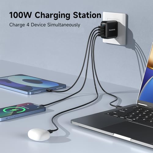 Ultra-Fast 100 W Ga N II Compact Wall Charger – 4-Port Charging Hub with 3 USB-C PD3.0 and 1 USB-A QC4.0 for Mac Book Pro 16” M3, i Phone 15 Pro, Samsung S24 Ultra | UL Certified Power Adapter for Safe, Efficient Multi-Device Charging on the Go