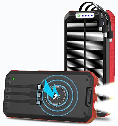 OIMYE 30000 m Ah Solar Power Bank – Advanced Wireless Fast Charging for i Phone, Android & Tablets, Ideal for Outdoor Adventures with 3 Versatile Cables & Built-in LED Flashlights, Durable & Weather-Resistant Design for Ultimate Portability and Reliability