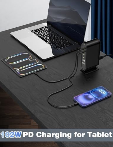 Revolutionize Your Charging Routine with the Essri 102 W 6-Port Ga N USB-C Hub – High-Speed Charging Station with 4 PD 3.0 & 2 USB-A Ports, Perfect for i Phone Pro Max, Samsung Android, and More – Includes 2 x 3.3 Ft Cables for Ultimate Flexibility and Enhanced Device Compatibility – Ideal for Home, Office, and Travel Use – Compact Power Adapter for Efficient and Fast Charging Solutions