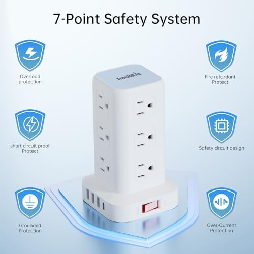 Elevate Your Charging Efficiency with the 12-Outlet Tower Surge Protector Power Strip – 6.5 Feet Extension Cord, 4 USB Ports Including USB-C, Compact Charging Station for Office and Home, Enhanced Surge Protection for Ultimate Device Safety