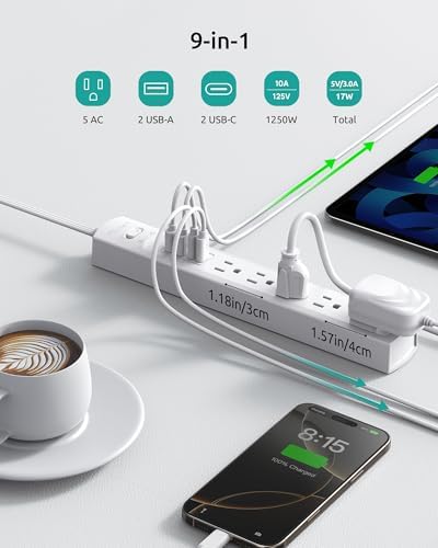 NUTICT 3-Foot Flat Plug Power Strip with 5 Outlets & 4 USB Ports – Compact Surge Protector for Home and Office, 1440 Joules Safety, Space-Saving Design, Ideal for Desk & Wall Mount Use, Efficient Device Charging and Organization