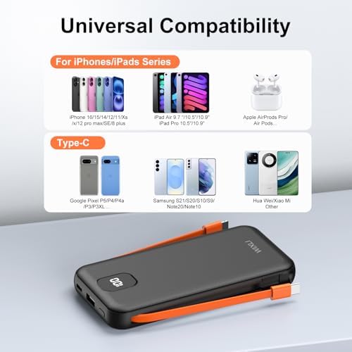 Ultra-Slim 12000 m Ah Power Bank with Integrated Cables and AC Plug – High-Speed Charging Solution for i Phone 16/15/14/13 and Android Devices – Travel-Ready Design with Intelligent Safety Features and Triple Device Charging Capability – Ultimate Portable Battery Pack for On-the-Go Power