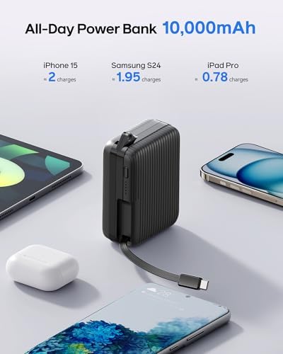 Compact 10,000 m Ah USB-C Power Bank with Retractable Cable – Fast Charging Dual Output Battery Pack for Android Devices, TSA-Compliant Travel Charger with Built-In Safety Features and Convenient Carry Loop for On-the-Go Power