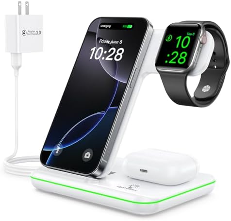 Experience Unmatched Efficiency with the WAITIEE 3-in-1 Qi-Certified Wireless Charging Station – 15 W Fast Charger for Apple Watch (Series 1-5) and Air Pods, Effortless Compatibility with i Phone 11 Series, XS MAX, XR, XS, X, 8/8 Plus, and Samsung Devices – Compact and Stylish Design with Premium Safety Features for Enhanced Reliability and Convenience