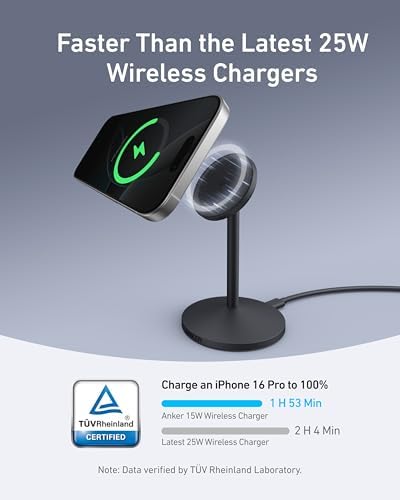 Anker Mag Go i Phone 16 Mag Safe Charger Stand – 15 W Fast Magnetic Wireless Charging Station with Qi2 Certification, 360° Device Compatibility & Sleek Design for i Phone 16/15/14/13/12 Series & Air Pods (Includes 25 W Adapter) – Elevate Your Charging Experience Today!