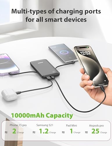Experience Ultimate Portability with Alongza 10,000 m Ah Fast Charging Power Bank – Sleek Design with Built-In Cables and AC Plug for Effortless Device Charging on the Go – Lightweight, Compact USB C External Battery for Seamless Travel Convenience and Enhanced Compatibility Across All Smartphones and Gadgets
