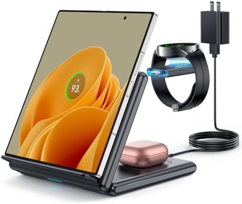 GEEKERA 3-in-1 Foldable Wireless Charging Station – High-Speed Charger for Samsung Galaxy Z Flip/Fold 6, S24/S23/S22/S21/S20 Ultra Plus, Fitbit Charge 6/5/Luxe & Galaxy Buds 2 Pro/Live – Compact & Efficient Multi-Device Charger for Home & Office Use