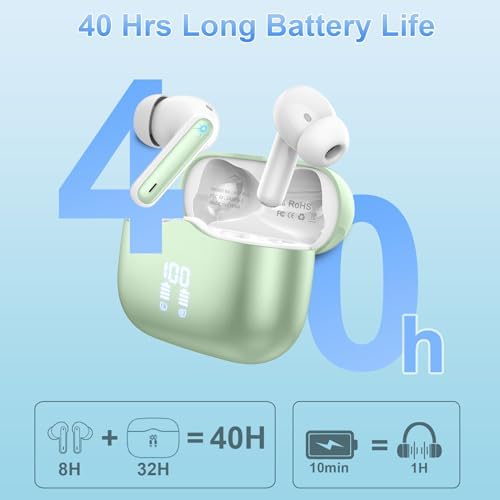 Premium Bluetooth 5.3 Wireless Earbuds with Deep Bass and 40-Hour Playtime – IP7 Waterproof In-Ear Headphones Featuring 4 HD Microphones for Crystal-Clear Calls and Ergonomic Comfort – Ideal for Android & i OS Users in Vibrant Green