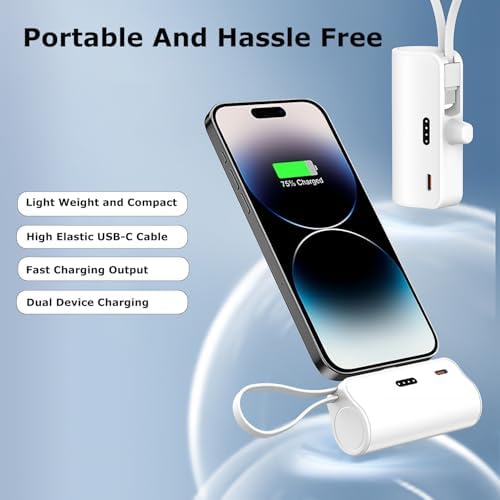 Lin Tek Ultra-Compact 5000 m Ah USB C Lightning Power Bank – Essential Travel Charger for i Phone 11-16 Series, Dual Port Compatibility, Lightweight Design in White, Black, and Pink – Experience Rapid Charging Anywhere