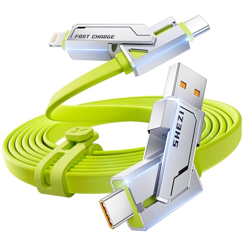 SHEZI 4-in-1 USB C Charging Cable | 240 W Fast Charging Solution for i Phone 16/15 & More | 5 FT Durable Flat Silicone Cord with Lightning, USB-C, USB-A Connectors | Versatile Multi-Device Charger for Home, Office & Travel | Enhanced Compatibility & Speed