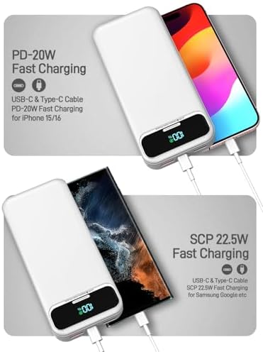 Ultimate 20,000 m Ah Portable Charger with Built-in Cables & AC Plug – Super Fast PD20 W & SCP22.5 W USB-C Power Bank for Quick Device Charging – LED Display & Universal Compatibility for i Phone, Samsung & More – Essential Travel Accessory for On-the-Go Power Solutions