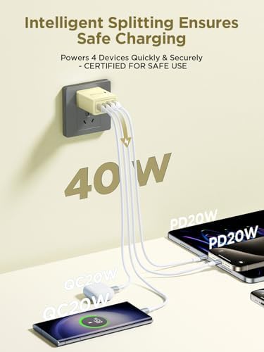 Aioneus 40 W USB C Fast Charging Block – 4-Port Dual PD & QC Wall Charger for i Phone 11-16, i Pad & Samsung Devices – Compact, High-Performance Power Adapter with Enhanced Safety Features for Home & Travel