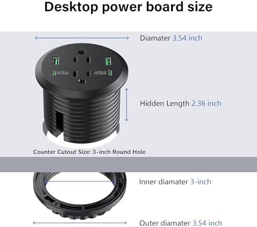 Revolutionize Your Workspace with the Elite Desktop Power Grommet: 40 W Fast Charging Hub Featuring 2 PD 20 W USB-C Ports, Dual AC Outlets, 4 USB Ports, and 6 ft Cord for Optimal Flexibility – Sleek Recessed Design for a Clutter-Free Desk Environment