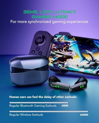 Elevate Your Gaming Experience with Black Shark Wireless Gaming Earbuds – Hi-Fi Stereo Sound, IPX5 Waterproof Design, Noise-Cancelling Microphone, and Quick Charging Case for Ultimate Convenience and Performance on i Phone & Android Devices