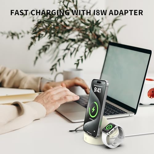 Sleek 2-in-1 i Phone & Apple Watch Charging Dock – Fast 15 W Multi-Device Charger with Durable Non-Slip Silicone Base for i Phone 14/13/12 Series & All Apple Watch Models – Space-Saving Design for Ultimate Tech Organization and Streamlined Aesthetics