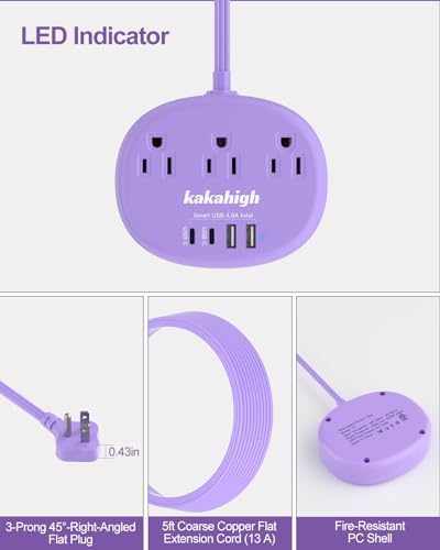 Stylish Brown Extension Cord with 1080 J Surge Protection – 5 FT Flat Braided Design Featuring 3 AC Outlets & 4 USB Ports (24 W/4.8 A) for Fast Charging – Ideal Tan Desk Accessory for Powering Devices Safely & Efficiently