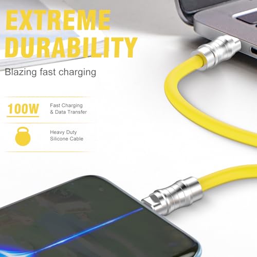 USB C to USB C Silicone Cable 2Pack 10FT, Ultra Flexible & Soft USB Type C 100W Fast Charging Cable, Geek Industrial PD Data Transfer Cable for Phones,Tablet,Laptops(Yellow) – Enhanced Compatibility and Speed
