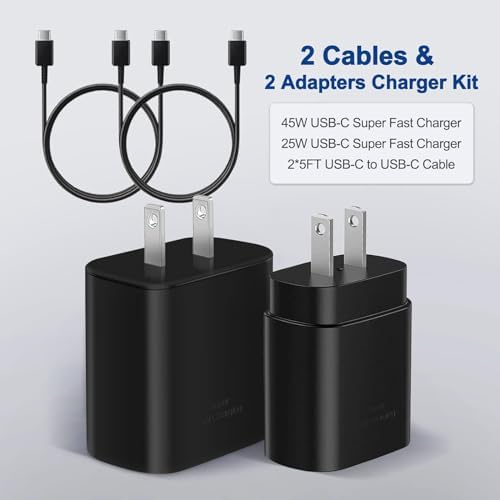 Dual Pack 45 W Samsung Type C Super Fast Charger – Rapid Power Delivery for Galaxy S25 Ultra/S25/S24/S23/S22 & Galaxy Tab with 10 FT USB C Charging Cables – Optimal PPS Technology & Enhanced Compatibility for Efficient Charging Solutions