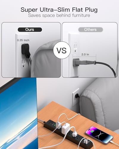 Maximize Your Power Access with 2 Pack 10 ft Surge Protector Power Strip – 6 Outlets & 4 Fast USB Charging Ports, Space-Saving Flat Plug Design, Overload Safety Features, Wall Mount Capability for Home, Office & Dorm Essentials