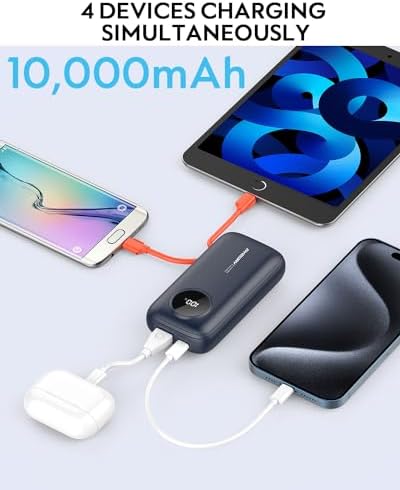 Ayeway Ultra-Compact 10,000 m Ah Portable Power Bank with Integrated Charging Cable – Fast USB C Battery Pack for i Phone, Samsung, and 5 V Heated Vests – Lightweight, Multi-Device Charging Solution for On-the-Go Connectivity