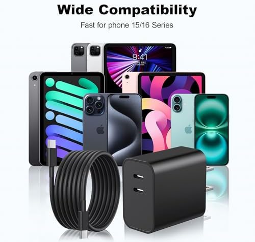Dual Port 20 W USB-C Fast Wall Charger Set with Two 6 FT Cables – High-Efficiency Power Adapter for i Phone 16/15 & Galaxy S24/S23/S22, Compact Travel Design, Enhanced Overcharge Protection and Universal Compatibility for Optimal Charging Performance