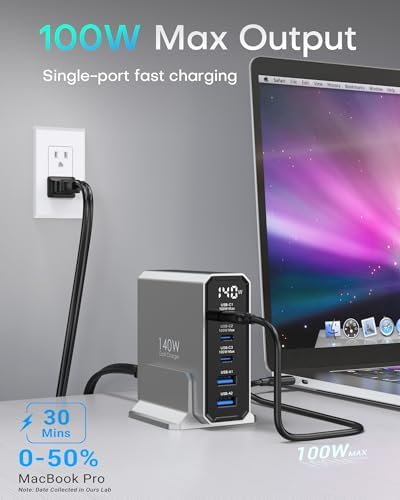 Power Up with the 140 W Ga N USB-C Charging Station: 5-Port High-Speed Charger for Mac Book, i Phone 15, and Samsung Galaxy – Enhanced Display for Real-Time Monitoring, Sleek Black Design, Perfect for Home & Office Use