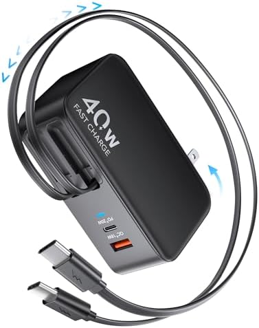 Ultimate 4-in-1 Retractable Wall Charger with Dual USB Ports – Fast 40 W Charging Adapter with 35.5 in/90 cm Lightening and Type-C Cables – Perfect for i Phone 16/15/14/13/12/11, i Pad, Galaxy, and Pixel Devices – Compact, Foldable Design for Effortless Travel and Enhanced Device Compatibility