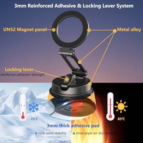 Revolutionary Magnetic Car Phone Holder for Magsafe i Phone 12-16 Series | 360-Degree Rotating Dashboard & Windshield Mount | Universal Cellphone Cradle with Foldable Alloy Design | Dual Vacuum & Adhesive Mounting for Ultimate Stability and Hands-Free Navigation
