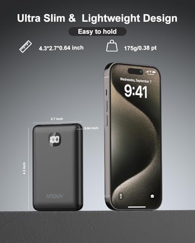 Compact ANOUV 10000 m Ah Portable Charger with Built-In Cable – Lightweight Mini Power Bank for Seamless On-the-Go Charging with LED Display, Compatible with i Phone 16/15/14/13, Samsung S22/S21, i Pad, and Android Devices – Essential Travel Power Bank for Fast, Efficient Charging