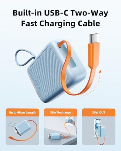 Compact 30 W Retractable USB-C Power Bank with Fast Charging – Sleek Dual Charging Battery Pack for i Phone 15, Android Devices & Laptops – Integrated 60 cm Cable & LCD Display for Ultimate On-the-Go Power Solutions