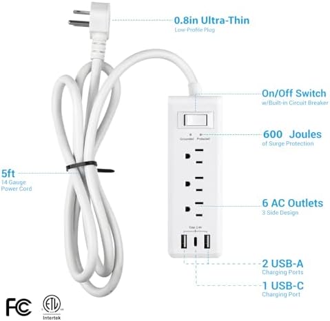 Elevate Your Charging Game with the Clear Power 2-Outlet Power Strip – 6 ft Flat Plug Power Station Featuring 3 USB Ports (1 USB-C) for Rapid Device Charging, Ideal for Home, Office & Travel, Durable & Compact Design, White, Model DC3 S-1102-DC