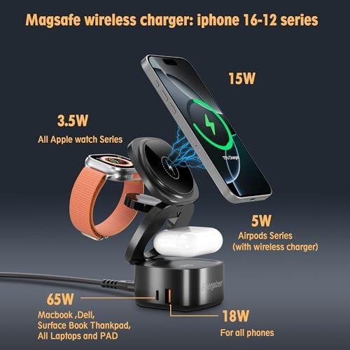 Energizer 5-in-1 Foldable Mag Safe Charging Station with 65 W USB-C Fast Charger – Universal Dock for i Phone 16/15/14/13 Pro Max, Apple Watch, Air Pods, and Mac Book – Streamlined, Portable Power Solution for Tech Enthusiasts