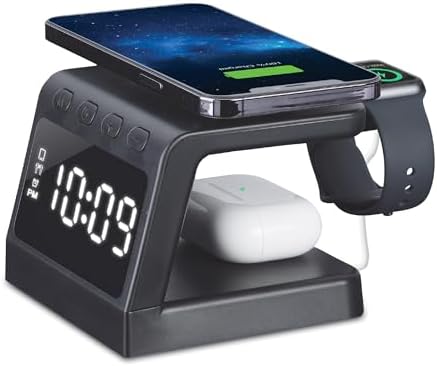 Timex Wireless Charging Alarm Clock with Apple Watch Mount – Fast Charging Station for i Phone and Air Pods – Sleek Black Design for Effortless Bedside Organization and Stylish Functionality