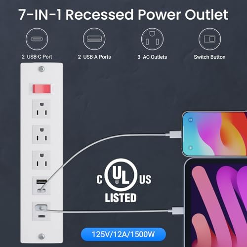 Recessed Power Strip with 15 W Wireless Charging & PD20 W USB-C Fast Charge – Sleek Flush Mount Design for Nightstands, Sofas, and Tables – Maximize Space and Efficiency with Dual Outlets and USB Ports for Ultimate Convenience