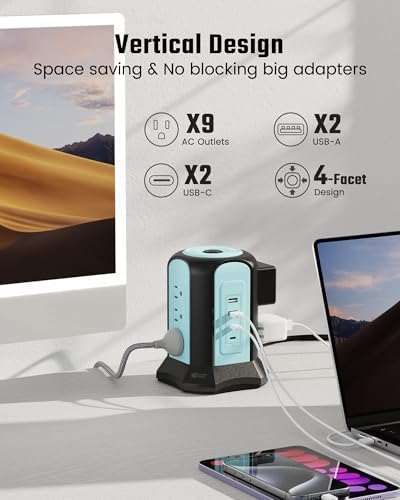 Maximize Your Charging Efficiency with the SUPERDANNY Power Strip Tower Surge Protector – 9 Outlets & 4 USB Ports, 10 Ft Extension Cord, 1080 Joules Surge Protection, Grounded Safety Design for Home and Office Use – Stylish Black Desktop Charging Station for Clutter-Free Solutions