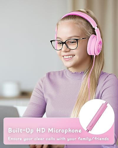 K16 Kids’ Foldable Wired Headphones with Microphone – Lightweight On-Ear Stereo Bass Design in Vibrant Pink and Red for School, Gaming, and Tablet Use – Compatible with Kindle, Chromebook & More – Durable Comfort for All-Day Listening