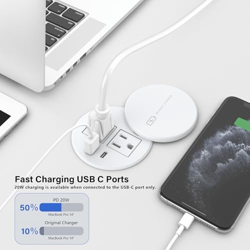 Elevate Your Workspace with a 15 W Wireless Charging Recessed Power Grommet – 20 W USB-C Fast Charging Station, Dual AC Power Outlets, Sleek Flush Mount Desk Power Solution for Tidy Cable Management and Enhanced Efficiency in Office and Home Environments