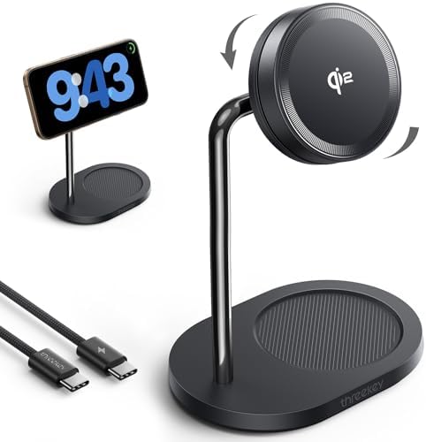 THREEKEY Qi2 15 W Magnetic Wireless Charging Hub – Ultimate Adjustable Charging Station for i Phone 16-12 Series & Air Pods with Dual-Sided Magnetic Grip, 180° Rotatable Design, and Sleek Space-Saving Aesthetics for Effortless Home and Office Power Solutions