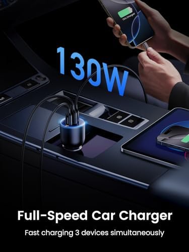UGREEN 130 W USB-C Car Charger: High-Speed PD 100 W & PD 30 W Dual Ports for i Phone 16, Galaxy S24/S23 Ultra, i Pad & Mac Book – Compact, Safe & Universal Charging Solution for All Devices on the Road