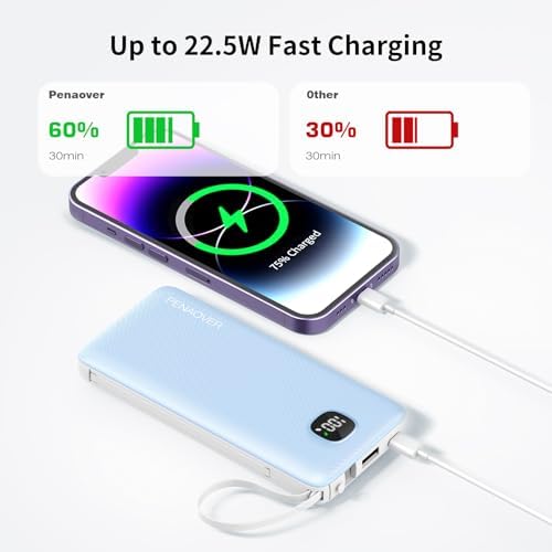 Ultra-Slim 10000 m Ah Fast Charging Power Bank with Built-In Cables & AC Plug – Versatile 5 Output USB-C Portable Charger for i Phones, Samsung, Android & More – Perfect for Travel & On-the-Go Power Solutions